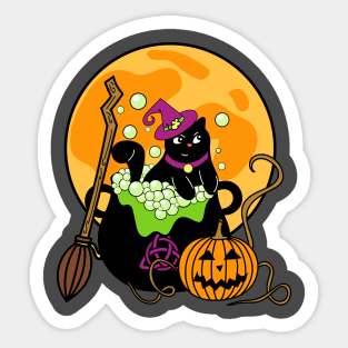 Witch Cat with Broomstick and Cauldron for Halloween Sticker